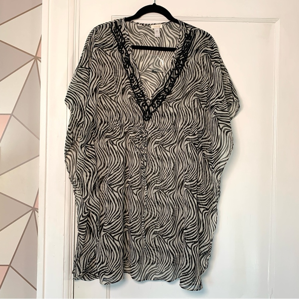 New Chico’s Black and White Zebra Print Tunic Sheer Top Swim Cover Small Medium